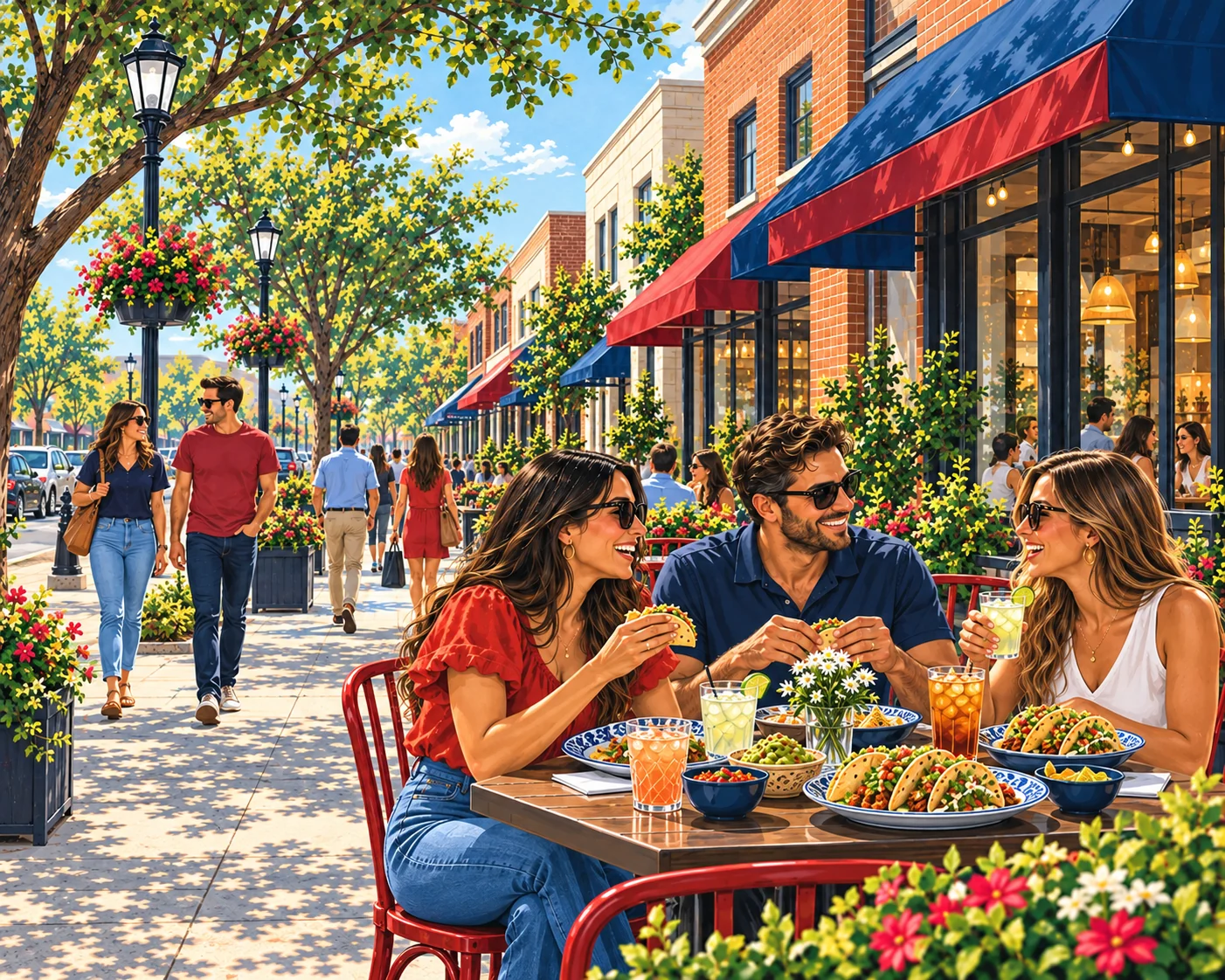 Illustrated friends sharing tacos at a patio table beside Plano-inspired brick storefronts and sidewalk activity.